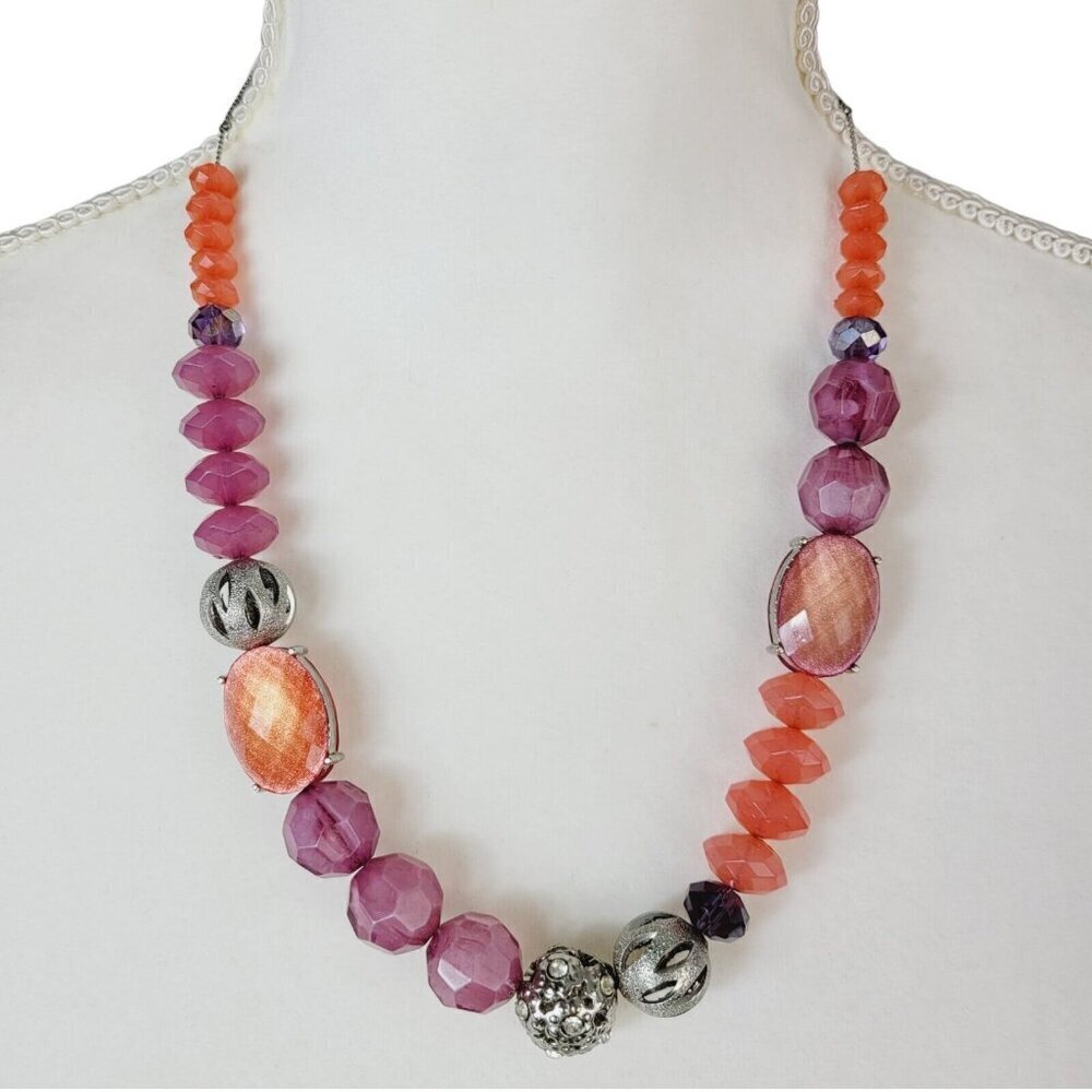New York & Company Mixed Material Beaded Necklace Silver Tone 22" Purple Coral
